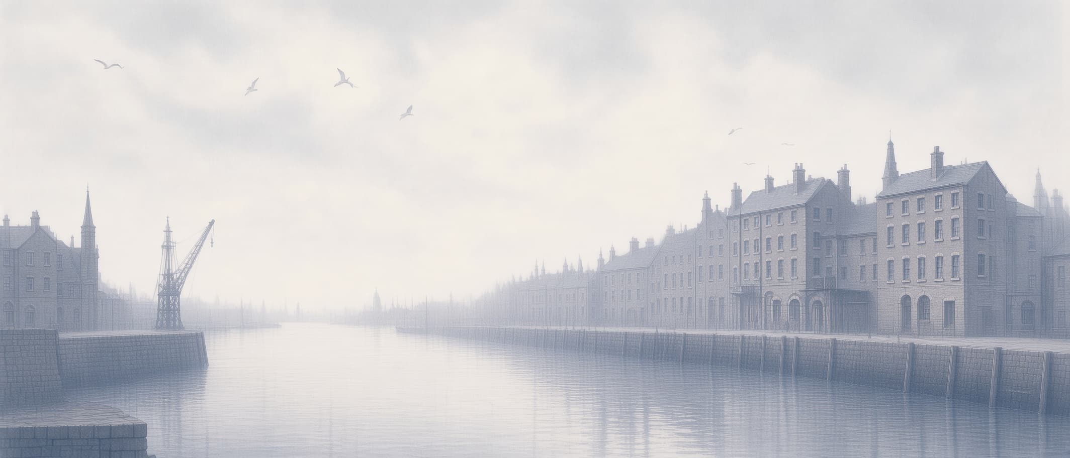 Watercolour of an empty dock: quay walls, a crane, and warehouses along the waterfront in the mist.
