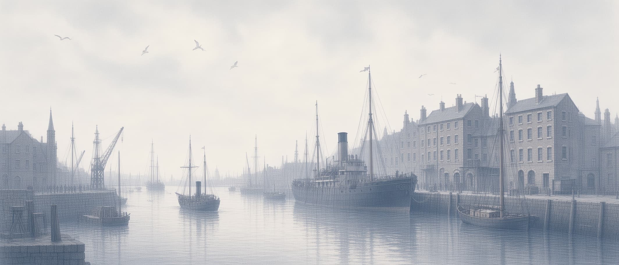 Watercolour of a harbour: a steamer moored against a stone quay, sailing boats on the water, warehouses along the front.